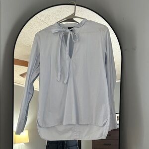 Ann Taylor Blue Striped Tie-Neck Blouse